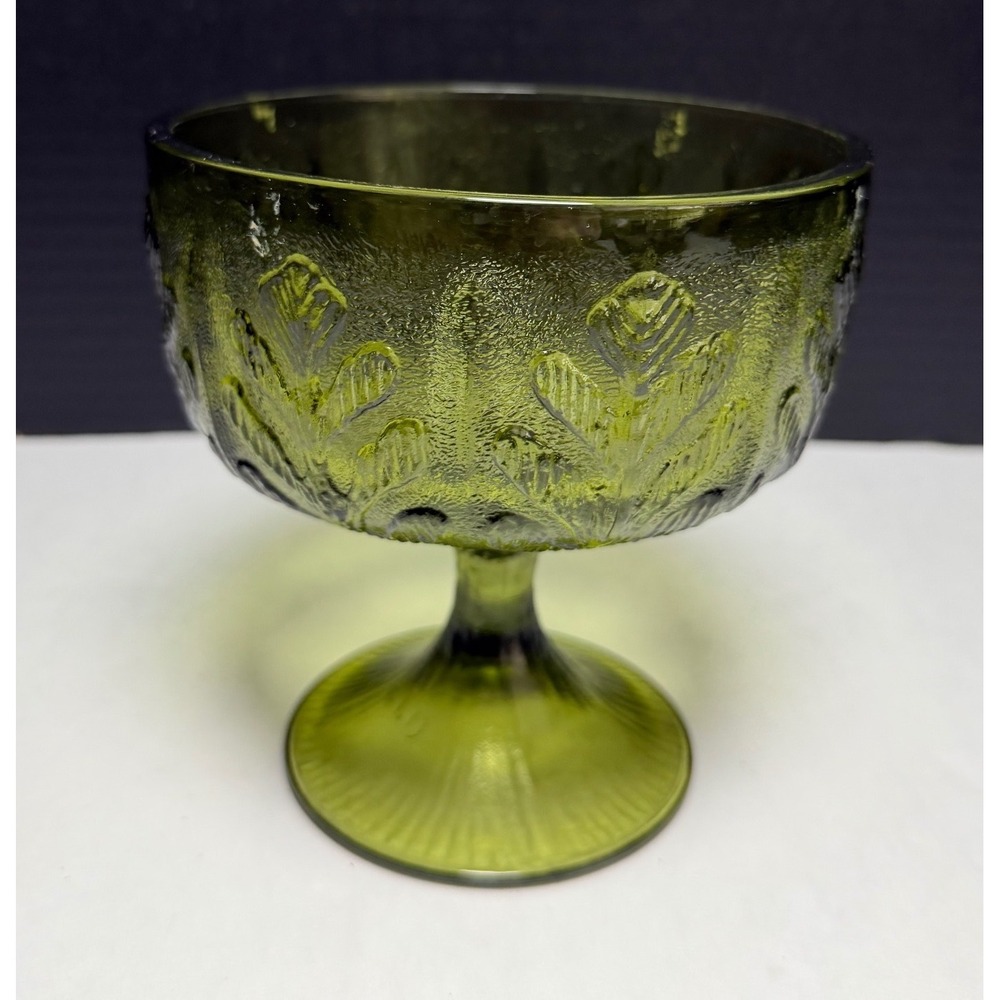 Vintage FTD Green Glass Compote Pedestal Candy Dish Embossed Leaf Pattern